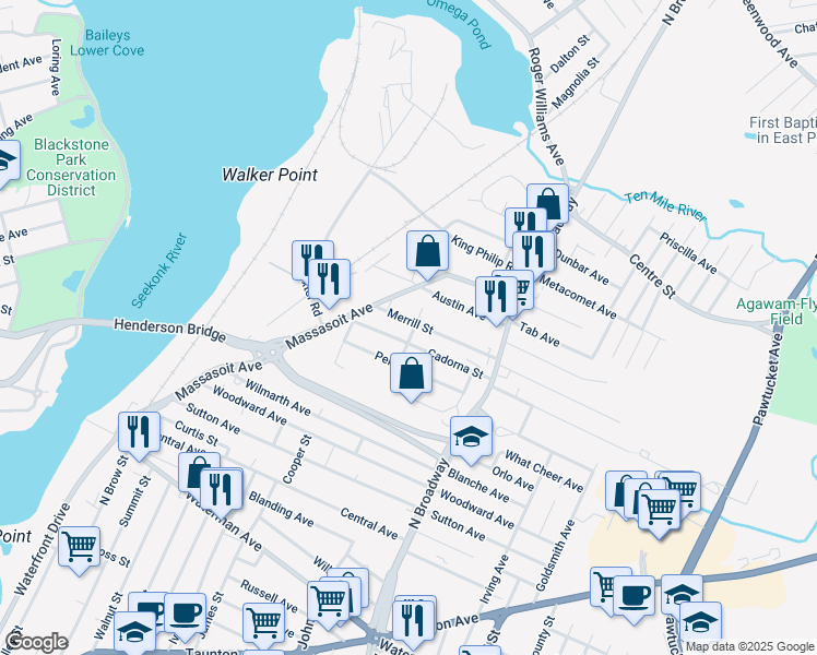 map of restaurants, bars, coffee shops, grocery stores, and more near 56 Cadorna Street in East Providence