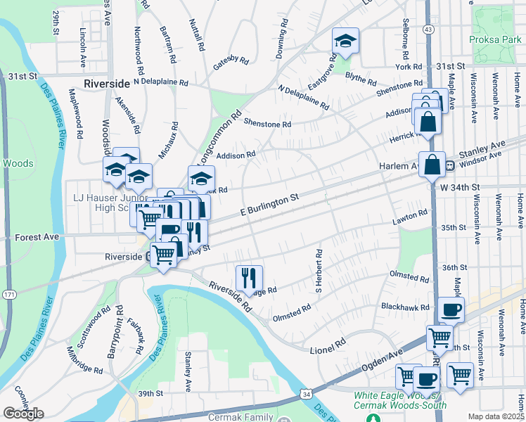 map of restaurants, bars, coffee shops, grocery stores, and more near 141 East Burlington Street in Riverside