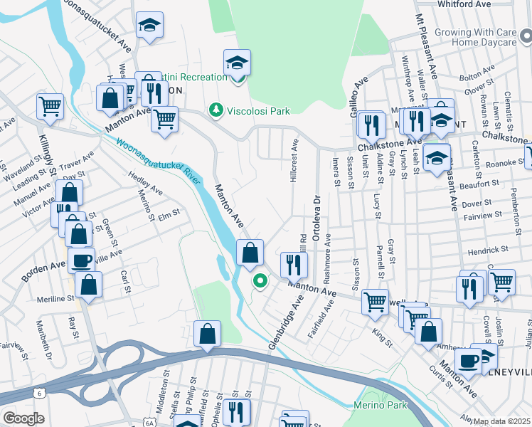 map of restaurants, bars, coffee shops, grocery stores, and more near 40 Leander Street in Providence