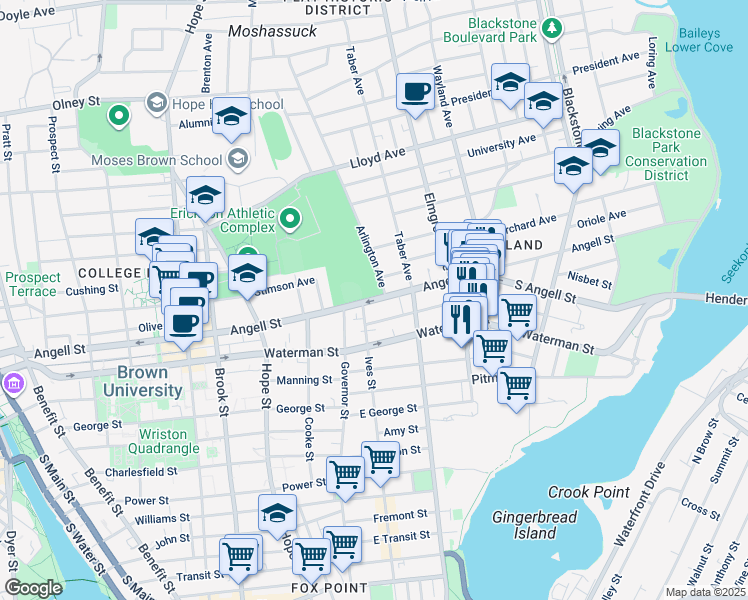 map of restaurants, bars, coffee shops, grocery stores, and more near 348 Angell Street in Providence