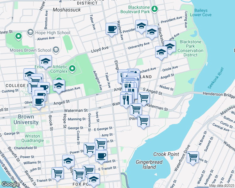 map of restaurants, bars, coffee shops, grocery stores, and more near 218 Waterman Street in Providence