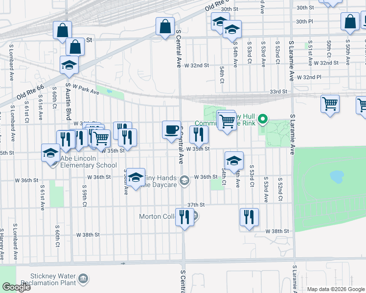 map of restaurants, bars, coffee shops, grocery stores, and more near 3443 South Central Avenue in Cicero