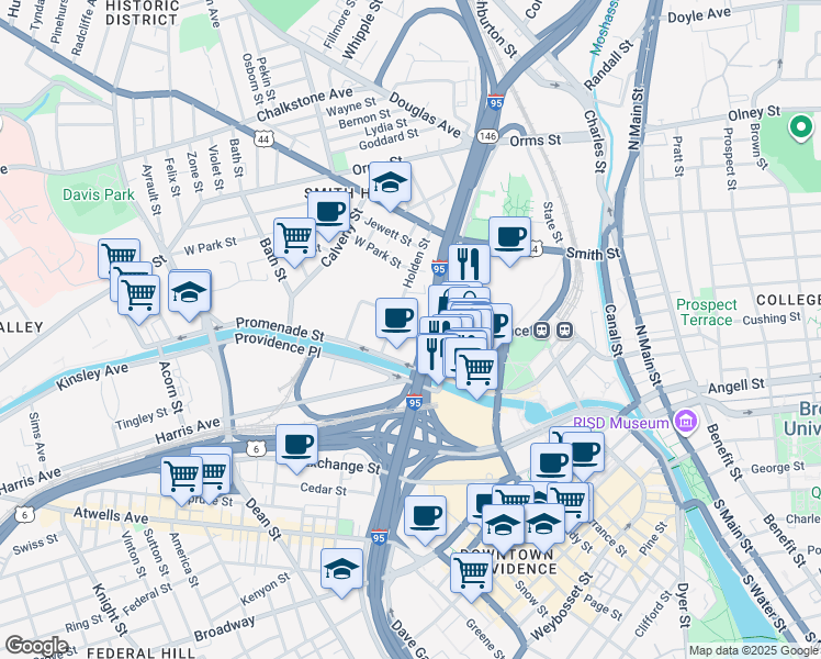 map of restaurants, bars, coffee shops, grocery stores, and more near 25 Holden Street in Providence
