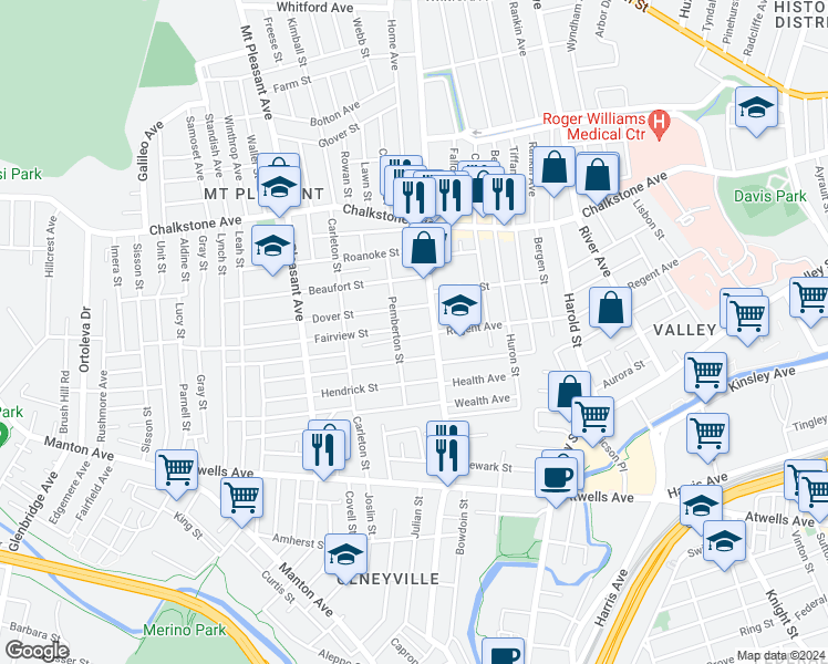 map of restaurants, bars, coffee shops, grocery stores, and more near 19 Amity Street in Providence