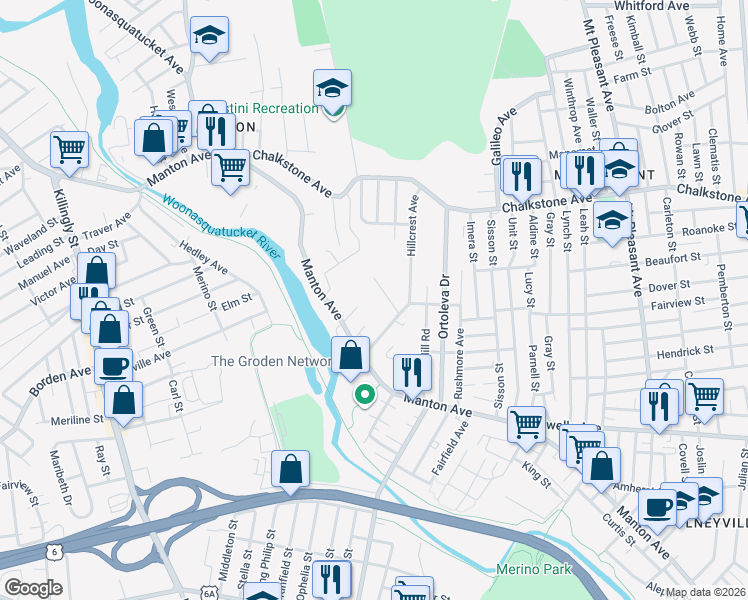 map of restaurants, bars, coffee shops, grocery stores, and more near 40 Leander Street in Providence