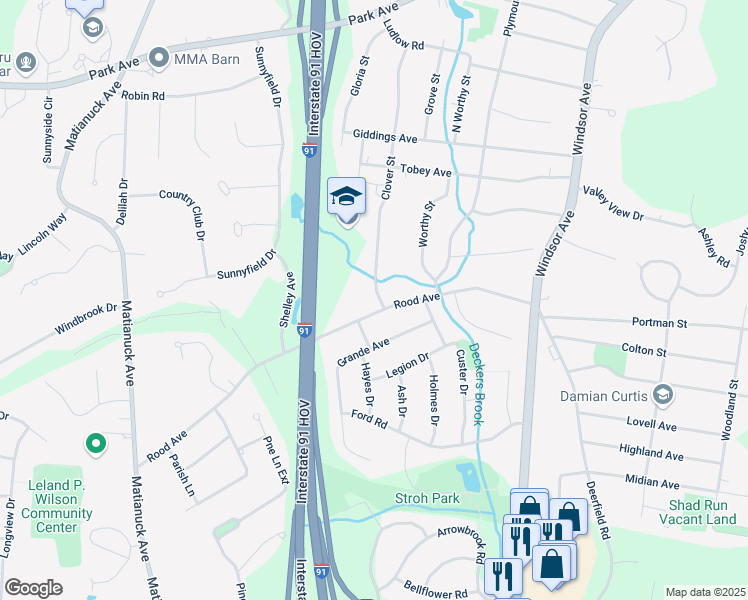 map of restaurants, bars, coffee shops, grocery stores, and more near 148 Rood Avenue in Windsor
