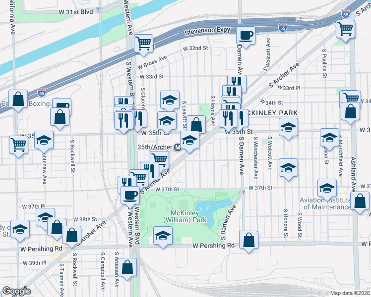 map of restaurants, bars, coffee shops, grocery stores, and more near 3537 South Leavitt Street in Chicago