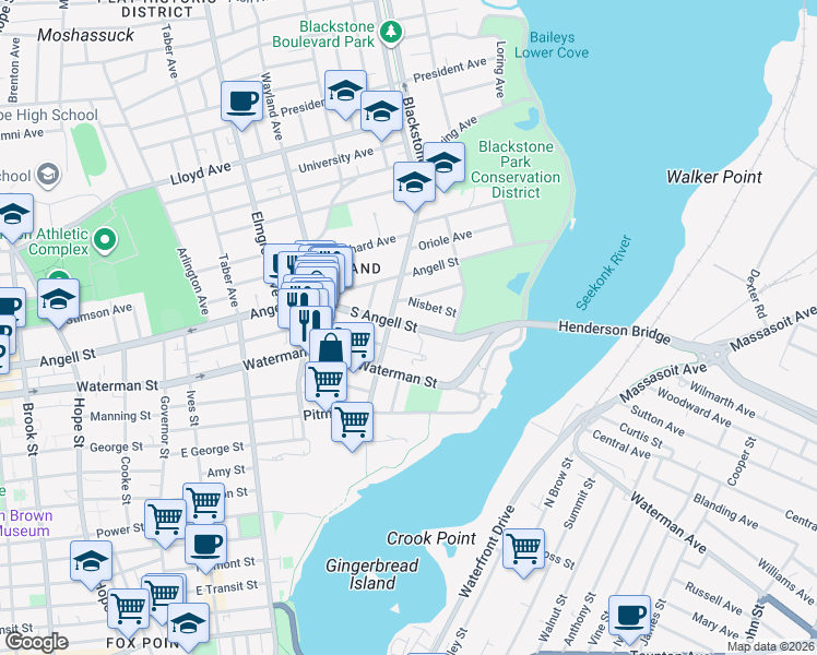 map of restaurants, bars, coffee shops, grocery stores, and more near 163 Butler Avenue in Providence