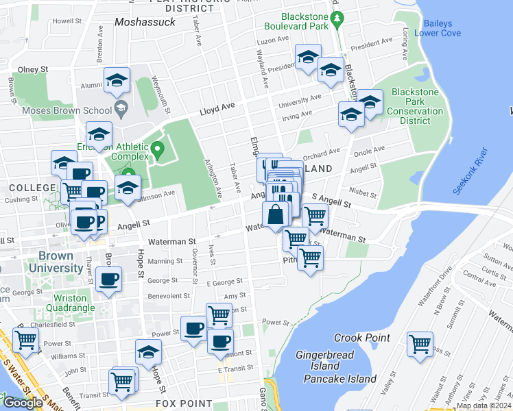 map of restaurants, bars, coffee shops, grocery stores, and more near 218 Waterman Street in Providence