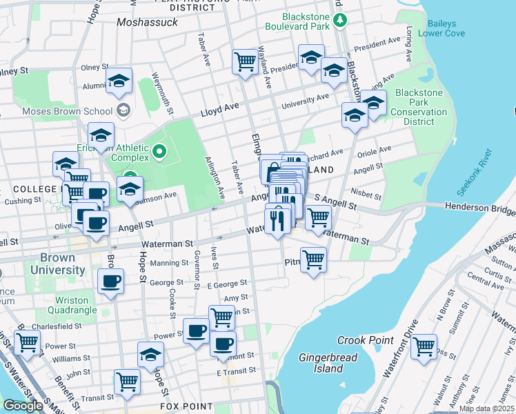 map of restaurants, bars, coffee shops, grocery stores, and more near 218 Waterman Street in Providence