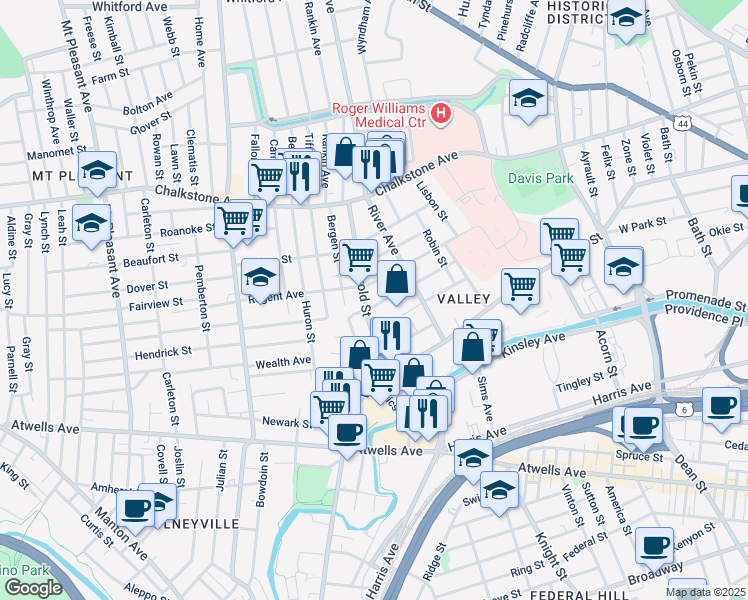 map of restaurants, bars, coffee shops, grocery stores, and more near 30 Prescott Street in Providence