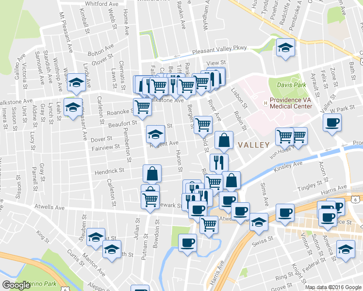map of restaurants, bars, coffee shops, grocery stores, and more near 10 Alton Street in Providence