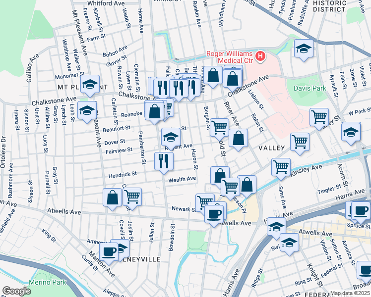 map of restaurants, bars, coffee shops, grocery stores, and more near 10 Canton Street in Providence