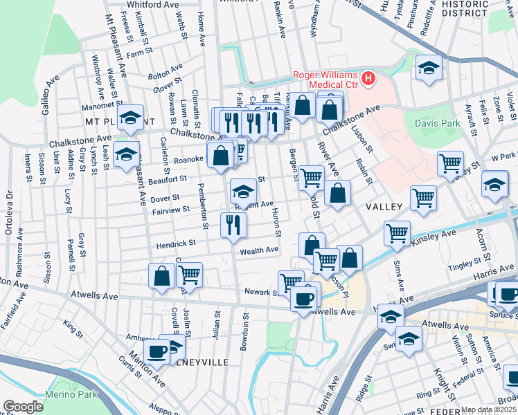 map of restaurants, bars, coffee shops, grocery stores, and more near 10 Canton Street in Providence
