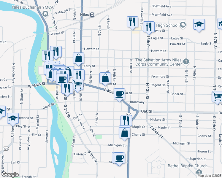 map of restaurants, bars, coffee shops, grocery stores, and more near 809 East Main Street in Niles