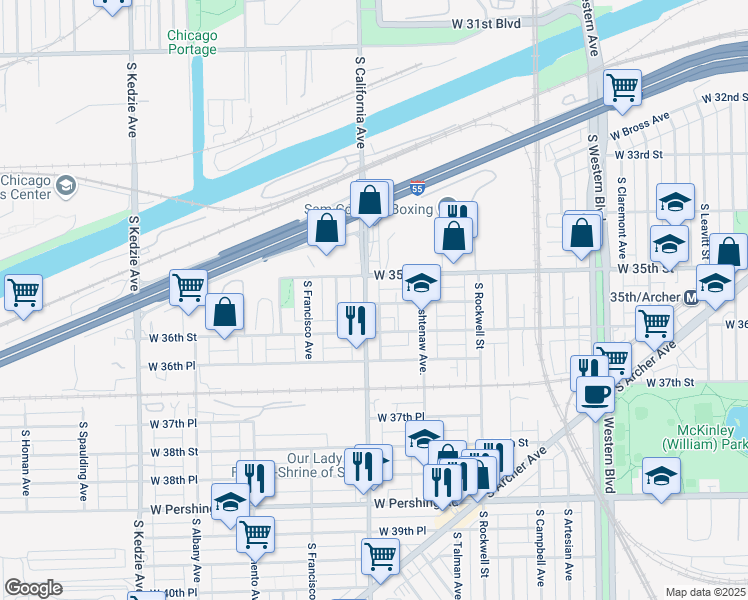 map of restaurants, bars, coffee shops, grocery stores, and more near 3541 South California Avenue in Chicago