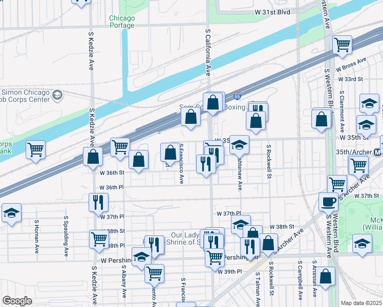 map of restaurants, bars, coffee shops, grocery stores, and more near 3531 South Mozart Street in Chicago