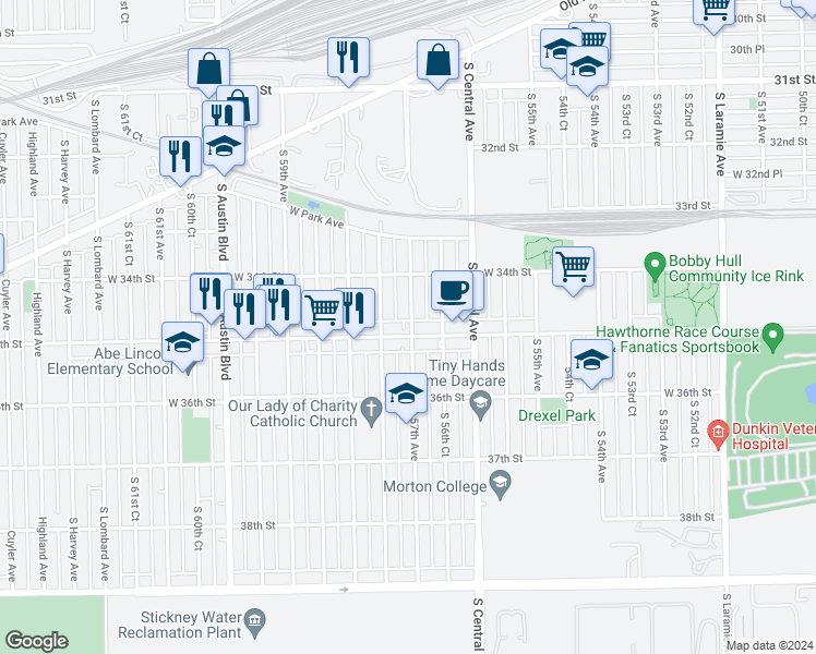 map of restaurants, bars, coffee shops, grocery stores, and more near 5709 35th Street in Cicero