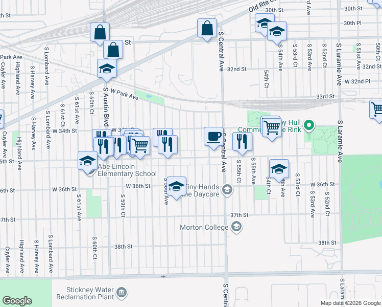 map of restaurants, bars, coffee shops, grocery stores, and more near 5709 35th Street in Cicero
