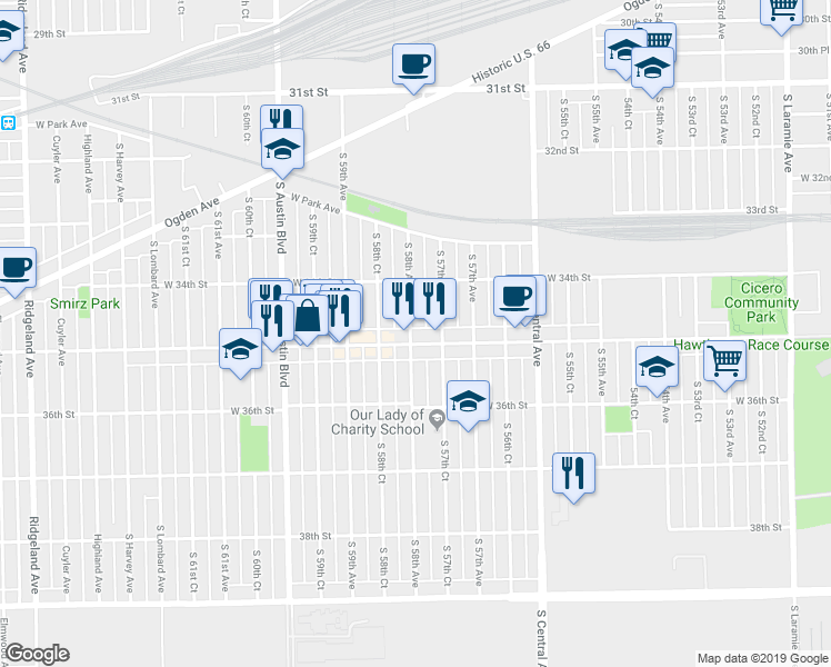 map of restaurants, bars, coffee shops, grocery stores, and more near 5758 35th Street in Cicero