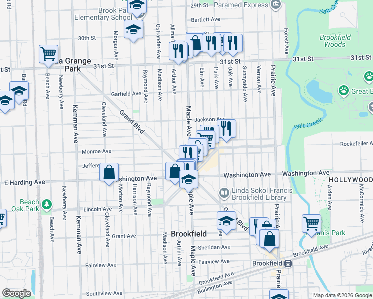 map of restaurants, bars, coffee shops, grocery stores, and more near 3400 Maple Avenue in Brookfield