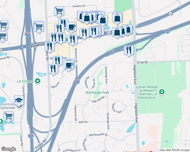 map of restaurants, bars, coffee shops, grocery stores, and more near 1230 Gregory Place in Downers Grove