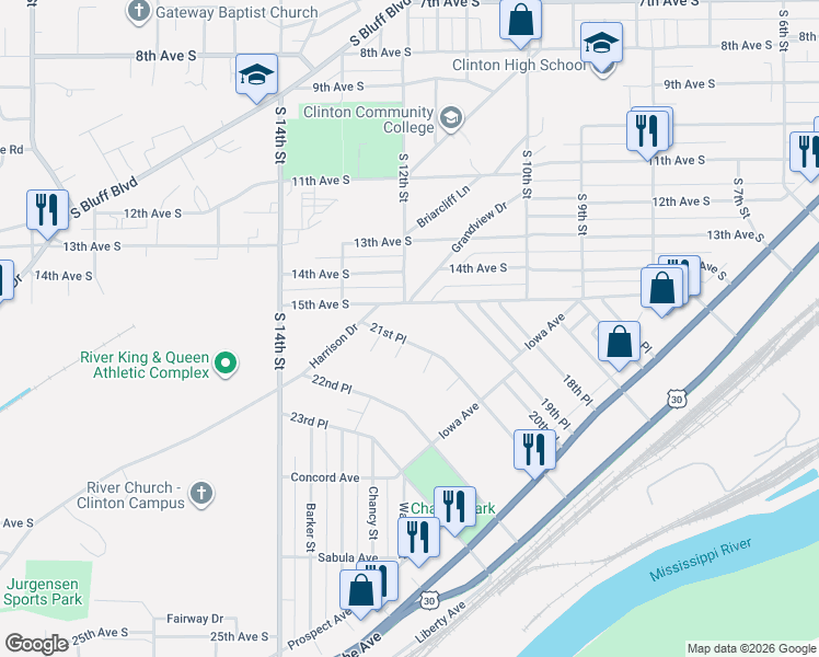 map of restaurants, bars, coffee shops, grocery stores, and more near 358 21st Place in Clinton