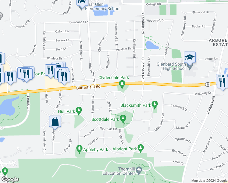 map of restaurants, bars, coffee shops, grocery stores, and more near 1877 Clydesdale Drive in Wheaton