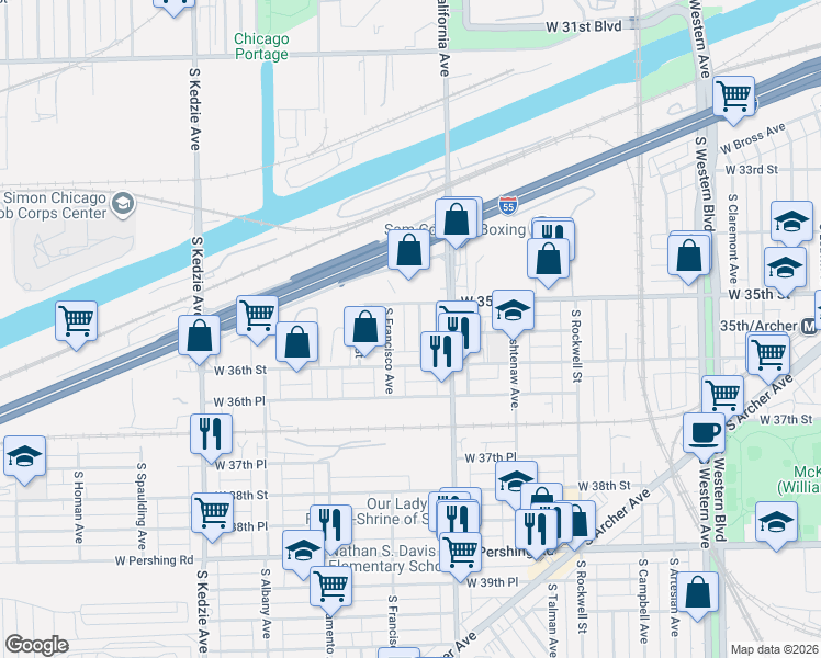 map of restaurants, bars, coffee shops, grocery stores, and more near 3531 South Mozart Street in Chicago