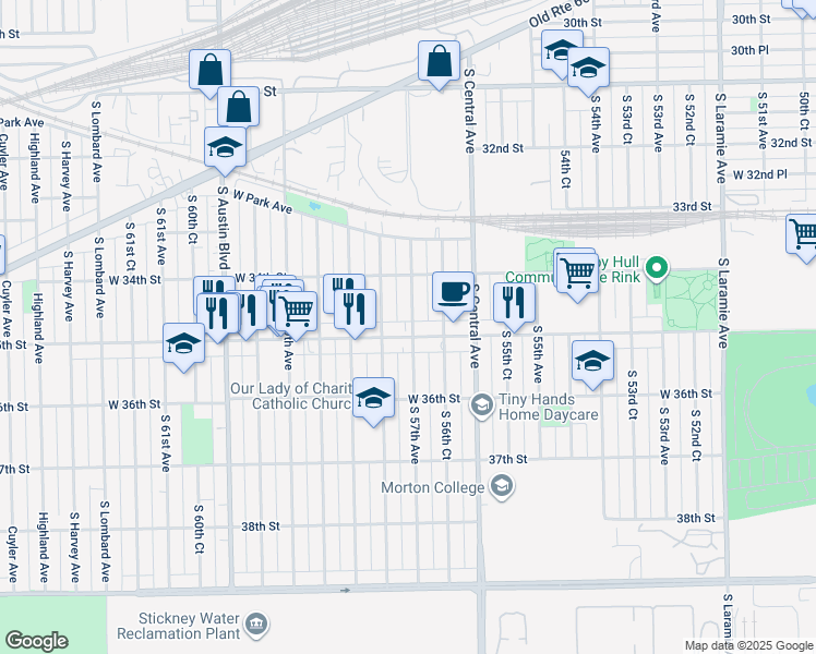 map of restaurants, bars, coffee shops, grocery stores, and more near 5700 West 35th Street in Cicero