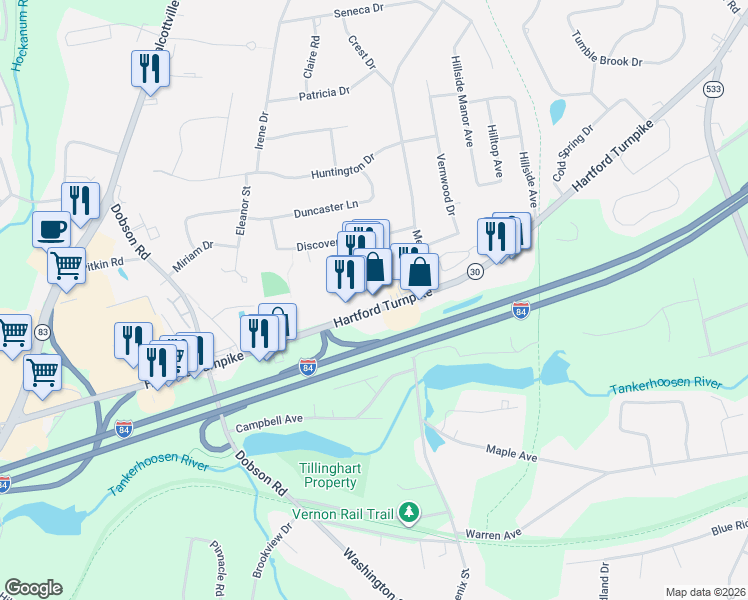 map of restaurants, bars, coffee shops, grocery stores, and more near 435 Hartford Turnpike in Vernon