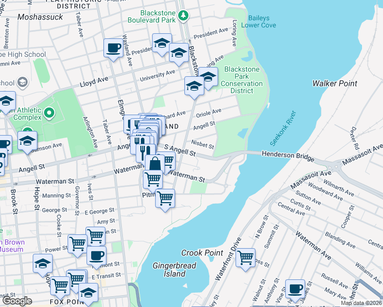 map of restaurants, bars, coffee shops, grocery stores, and more near South Angell Street in Providence
