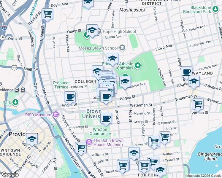 map of restaurants, bars, coffee shops, grocery stores, and more near 242 Meeting Street in Providence