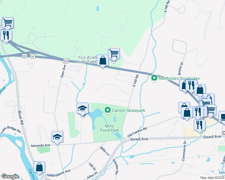map of restaurants, bars, coffee shops, grocery stores, and more near 10 Colony Road in Canton
