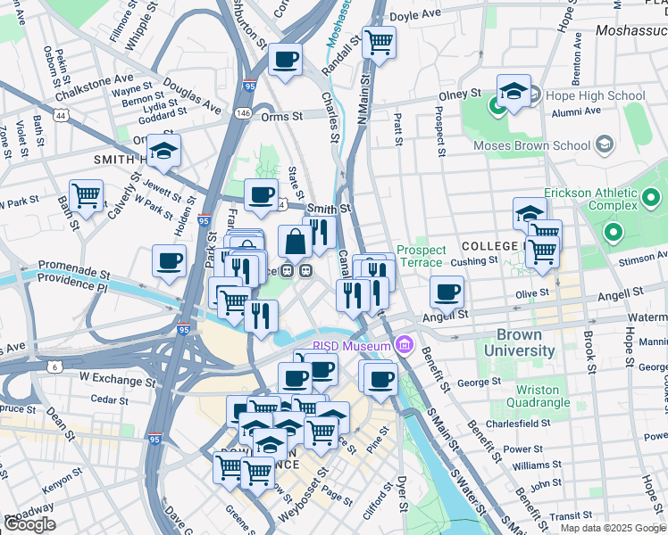 map of restaurants, bars, coffee shops, grocery stores, and more near in Providence