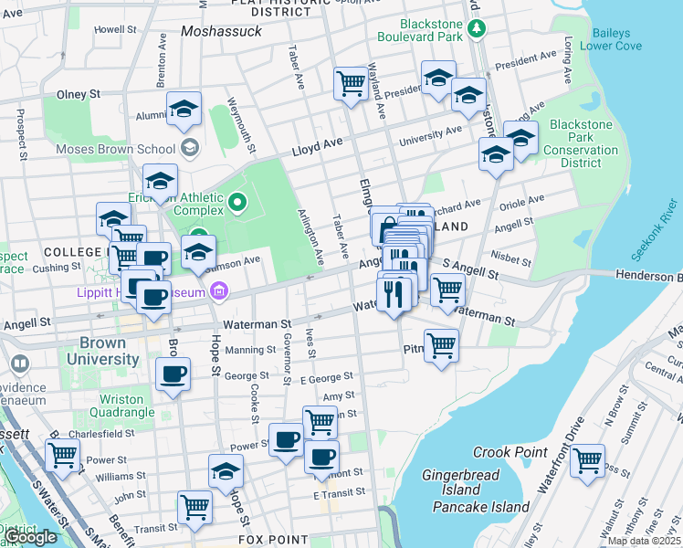 map of restaurants, bars, coffee shops, grocery stores, and more near 407 Angell Street in Providence