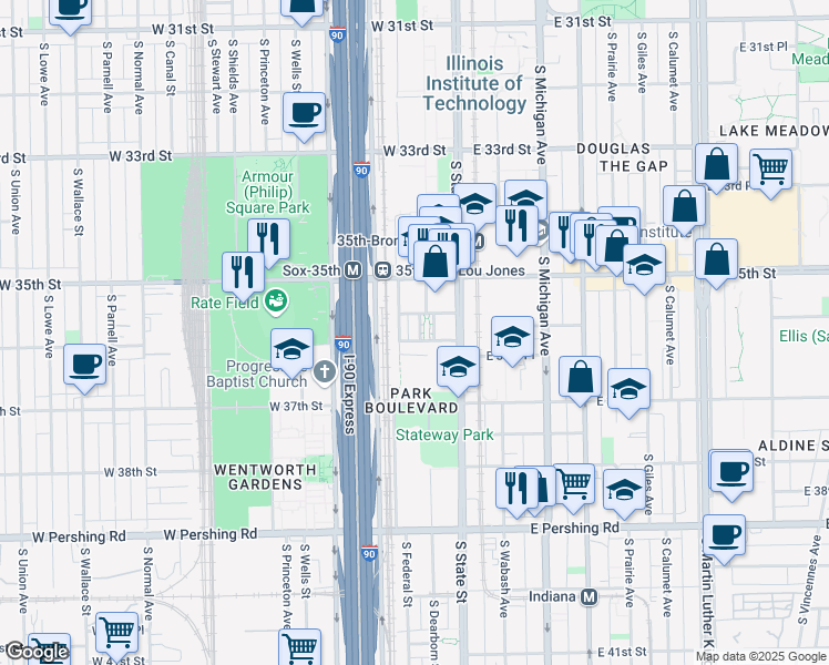 map of restaurants, bars, coffee shops, grocery stores, and more near 3556 South Dearborn Street in Chicago