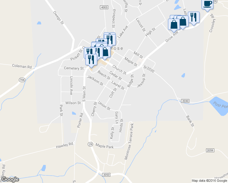 map of restaurants, bars, coffee shops, grocery stores, and more near Cliff Street in Montrose