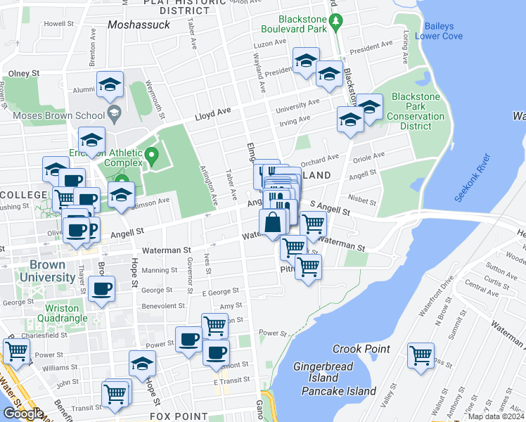 map of restaurants, bars, coffee shops, grocery stores, and more near 218 Waterman Street in Providence