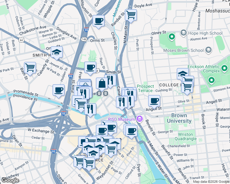 map of restaurants, bars, coffee shops, grocery stores, and more near 25 Park Row West in Providence