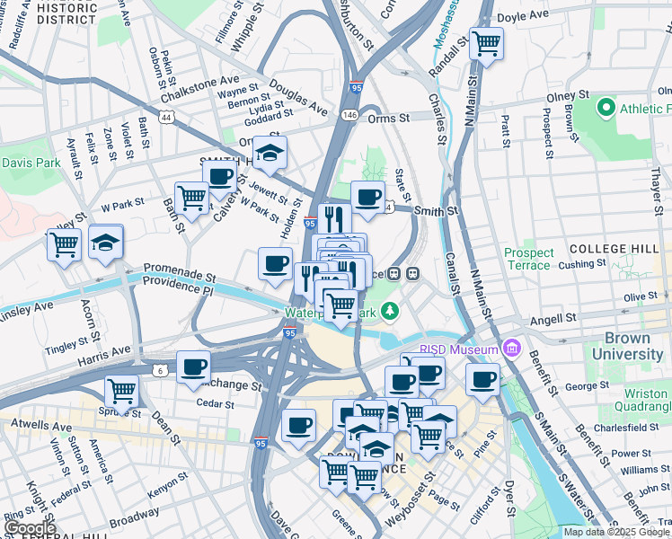 map of restaurants, bars, coffee shops, grocery stores, and more near 57 Providence Place in Providence