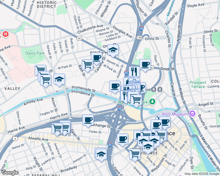 map of restaurants, bars, coffee shops, grocery stores, and more near 255 Promenade Street in Providence