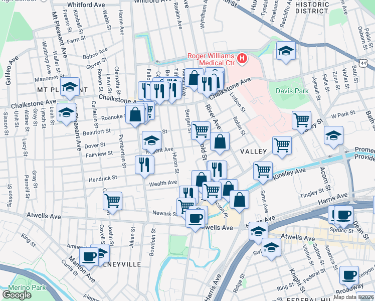 map of restaurants, bars, coffee shops, grocery stores, and more near 10 Alton Street in Providence