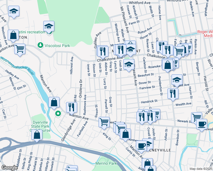 map of restaurants, bars, coffee shops, grocery stores, and more near 4 Lucy Street in Providence
