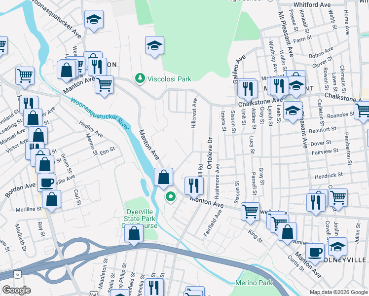 map of restaurants, bars, coffee shops, grocery stores, and more near 66 Leander Street in Providence