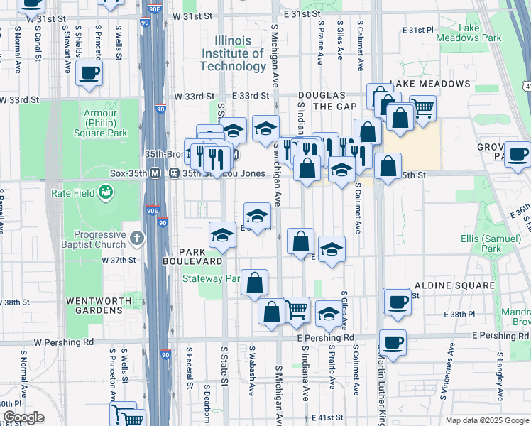 map of restaurants, bars, coffee shops, grocery stores, and more near 3622 South Michigan Avenue in Chicago