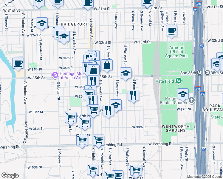 map of restaurants, bars, coffee shops, grocery stores, and more near 3559 South Union Avenue in Chicago