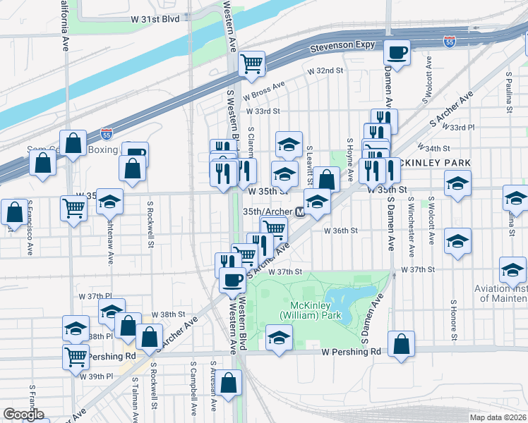map of restaurants, bars, coffee shops, grocery stores, and more near 3545 South Oakley Avenue in Chicago