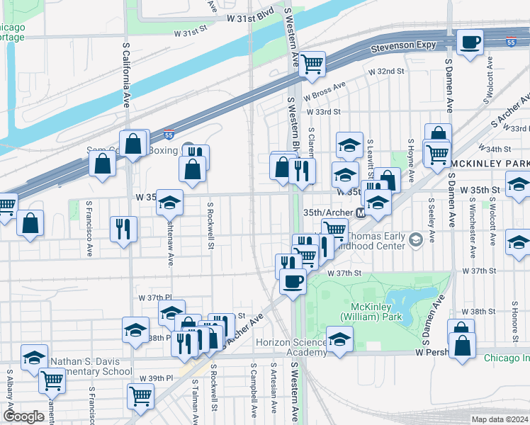 map of restaurants, bars, coffee shops, grocery stores, and more near 3540 South Artesian Avenue in Chicago