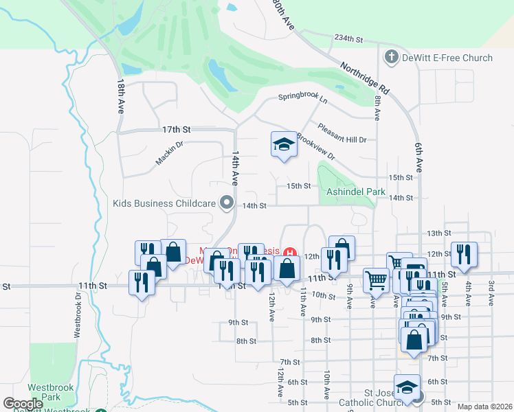 map of restaurants, bars, coffee shops, grocery stores, and more near 1301 14th Street in De Witt